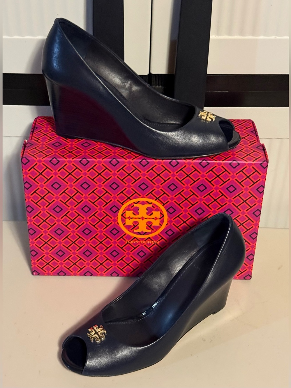 Tory Burch “Jolie” Perfect Navy Nappa Leather Peep-Toe Wedge Pumps w/Gold Logo